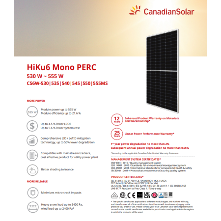 Panou Solar Fotovoltaic Monocristalin HiKu6 Mono PERC CS6W-555MS Si...