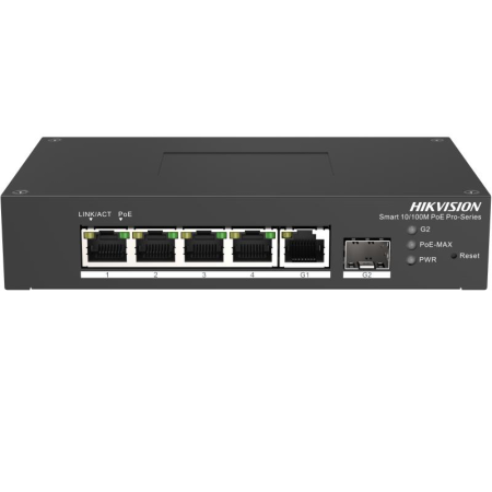 Switch PoE Hikvision DS-3T1306P-SI/HS: 4 × 10/100 Mbps PoE port,1 × Gigabit RJ45 port,1 × Gigabit fiber optical port, PoE: Ports