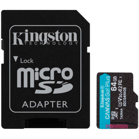KINGSTON 64GB microSDXC Canvas Go Plus Gen4 200MB/s A2 U3 V30 Card + Adapter