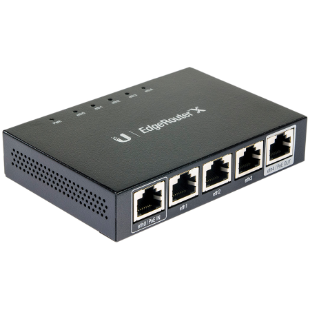 UBIQUITI EdgeRouter X 1) GbE, 24V passive PoE RJ45 input 3) GbE RJ45 ports 1) GbE PoE passthrough output.